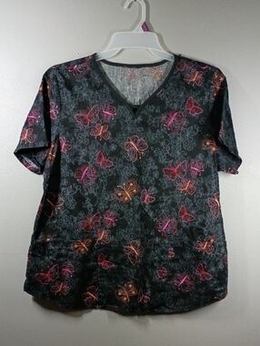 Women's Black V-Neck Scrub Top With Embroidered Butterflies